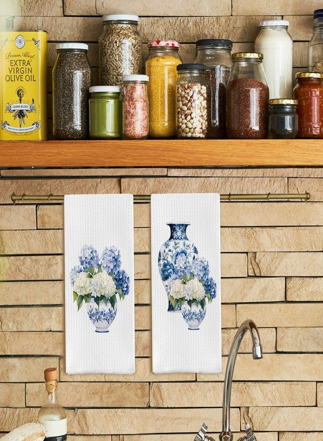 Qpenm Blue and White Porcelain Chinoiserie Kitchen Towels Set of 2, Hydrangea Floral Dish Towels Tea Towels for Kitchen, Chinoiserie Decor Hand Towels for Bathroom, Grand Millenial Decor 16x24 Inch - Image 2